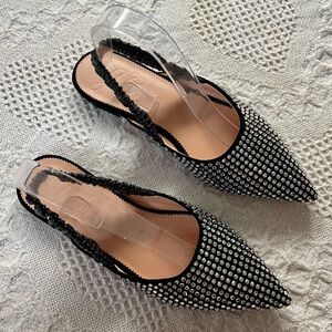 J. Crew Kid Suede Crystal Slingback Mule Leather Size 8 Black Rhinestone Sparkle